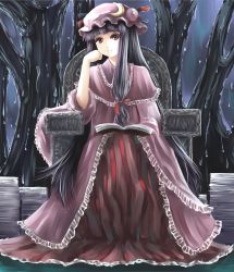 Rule 34 | 1girl, absurdres, blunt bangs, book, bow, crescent, female focus, hair bow, hat, head rest, highres, long hair, open book, patchouli knowledge, purple hair, red eyes, ribbon, sitting, smile, solo, throne, touhou, tree, vetina, water