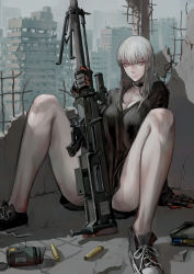 Rule 34 | 1girl, albino, anti-materiel rifle, black shirt, bottomless, breasts, choker, cleavage, closed mouth, commentary request, expressionless, grey eyes, gun, highres, holding, holding gun, holding weapon, jittsu, long hair, long sleeves, looking at viewer, mechanical hands, medium breasts, military, original, pale skin, rifle, ruins, shell casing, shirt, shoes, single mechanical hand, sitting, sneakers, sniper rifle, solo, spread legs, weapon, white hair