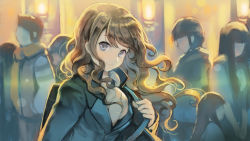 Rule 34 | 1girl, backlighting, bag, blue eyes, blush, brown hair, closed mouth, crowd, curly hair, evening, eyebrows, faceless, high collar, holding, holding bag, jacket, lamp, long hair, looking at viewer, original, shoulder bag, sibyl, smile, solo focus, uniform, upper body