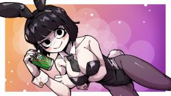 Rule 34 | 1girl, alcohol, animal ears, bbtan, beer, black eyes, black hair, black leotard, black neckwear, black pantyhose, blush, breasts, bubble background, can, cleavage, collarbone, creepy susie, detached collar, fake animal ears, highres, holding, large breasts, leotard, necktie, orange background, pantyhose, playboy bunny, purple background, rabbit ears, rabbit tail, short hair, solo, the oblongs, two-tone background
