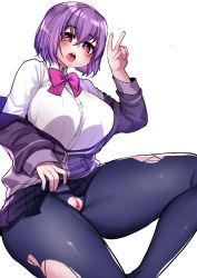Rule 34 | 10s, 1girl, black skirt, blue pantyhose, blush, bow, breasts, censored, clothes lift, collared shirt, dress shirt, gridman universe, hair between eyes, heart, heart-shaped pupils, jacket, large breasts, lifting own clothes, long sleeves, looking at viewer, miniskirt, off shoulder, open mouth, osiimi, pantyhose, pink hair, pleated skirt, purple bow, purple jacket, pussy, red eyes, school uniform, shinjou akane, shirt, short hair, simple background, skirt, skirt lift, sleeves past wrists, smile, solo, ssss.gridman, sweat, symbol-shaped pupils, torn clothes, torn pantyhose, v, white background, white shirt, zipper pull tab