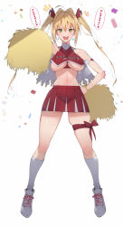 Rule 34 | 1girl, :d, agovitch, bare shoulders, breasts, cheerleader, confetti, earrings, fate/extra, fate (series), framed breasts, full body, green eyes, groin, hand on own hip, highres, jewelry, kneehighs, long hair, looking at viewer, navel, nero claudius (fate), nero claudius (fate) (all), nero claudius (fate/extra), open mouth, pleated skirt, pom pom (cheerleading), shoes, simple background, skindentation, skirt, smile, sneakers, socks, solo, sweat, teeth, thigh strap, translated, twintails, underboob, white background, white socks