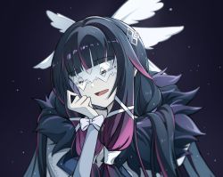 Rule 34 | 1girl, black hair, blunt bangs, closed eyes, coat, columbina (genshin impact), commentary, english commentary, eye mask, fur-trimmed coat, fur trim, genshin impact, hair wings, head wings, highres, long hair, multicolored hair, open mouth, pink hair, shockwhite3, solo, streaked hair, two-tone hair, white coat, white mask, wing hair ornament, wings