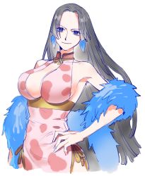 Rule 34 | 1girl, alternate costume, animal print, black hair, blue eyes, boa hancock, breasts, cleavage, closed mouth, commentary, cowboy shot, dress, earrings, english commentary, feather boa, forehead, hand on own hip, jewelry, large breasts, leaf earrings, leopard print, long hair, looking at viewer, one piece, parted bangs, pink dress, print dress, raine (acke2445), side slit, simple background, sketch, sleeveless, sleeveless dress, smile, solo, standing, straight hair, white background