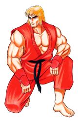 Rule 34 | 1990s (style), blonde hair, capcom, dougi, karate gi, ken masters, muscular, official art, retro artstyle, street fighter, street fighter ii (series), yasuda akira