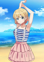 Rule 34 | 1girl, absurdres, armpits, arms up, beach, blonde hair, blue eyes, blue sky, breasts, camisole, cloud, commentary request, crossed bangs, day, dress, frilled skirt, frills, highres, horizon, kanojo okarishimasu, medium breasts, nanami mami, ocean, outdoors, pink skirt, short hair, skirt, sky, solo, striped camisole, yajuu tarou