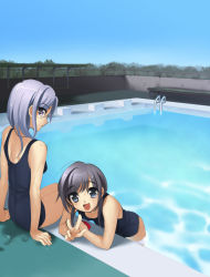 Rule 34 | 2girls, :d, bench, black hair, black one-piece swimsuit, blue eyes, blue hair, blue sky, chain-link fence, day, female focus, fence, leaning forward, looking at viewer, multiple girls, one-piece swimsuit, open mouth, original, outdoors, partially submerged, piyodera mucha, pool, pool ladder, poolside, profile, reflection, school swimsuit, sitting, sky, smile, swimsuit, v, water, wet
