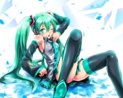 Rule 34 | 1girl, armpits, bare shoulders, black skirt, boots, detached sleeves, green eyes, green hair, hatsune miku, long hair, matching hair/eyes, miniskirt, necktie, nyamako, one eye closed, open mouth, panties, pantyshot, pleated skirt, sitting, skirt, solo, striped clothes, striped panties, thigh boots, thighhighs, twintails, underwear, very long hair, vocaloid, wink