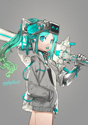 Rule 34 | 1girl, ^ ^, android, aqua hair, asymmetrical sleeves, black shirt, blouse, blue eyes, blvefo9, candy, closed eyes, commentary request, food, food in mouth, gradient hair, green hair, grey background, grey jacket, hand in pocket, heads-up display, highres, holding, holding sword, holding weapon, hood, hood down, hooded jacket, jacket, lollipop, long hair, long sleeves, mechanical arms, mouth hold, multicolored hair, open clothes, open jacket, original, parted bangs, ponytail, shirt, short sleeves, simple background, single mechanical arm, solo, sword, twitter username, uneven sleeves, weapon