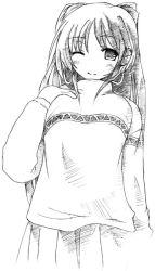 Rule 34 | 00s, 1girl, blush, breast suppress, from below, greyscale, hand on another&#039;s chest, kousaka tamaki, long hair, monochrome, one eye closed, outline, solo, to heart (series), to heart 2, turtleneck, wink