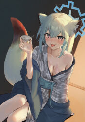 Rule 34 | 1girl, absurdres, alcohol, animal ears, bath yukata, blue archive, blue halo, blush, breasts, cleavage, collarbone, cup, feet out of frame, green hair, grey kimono, hair between eyes, halo, highres, holding, holding cup, japanese clothes, kimono, large breasts, laza (0ldsong), long sleeves, looking at viewer, official alternate costume, purple eyes, sake, shigure (blue archive), shigure (hot spring) (blue archive), short hair, solo, tail, tongue, tongue out, weasel ears, weasel tail, wide sleeves, yukata