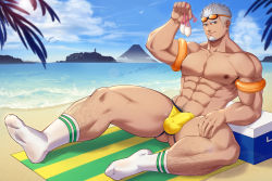 Rule 34 | 1boy, abs, armband, artist name, bara, beach, biceps, bird, blue eyes, bulge, carpet, cloud, cloudy sky, condom, cooler, cum, facial hair, gluteal fold, goggles, grey hair, gyee, hairy, highres, island, jockstrap, large pectorals, lifebuoy, looking at viewer, male focus, male underwear, manly, mature male, miles (gyee), mountain, mountainous horizon, multiple condoms, muscular, muscular male, nature, navel hair, nipples, no pants, outdoors, palm tree, pectorals, sand, sideburns, signature, sitting, sky, smirk, socks, solo, spiked hair, stubble, swim ring, thick arms, thick eyebrows, thick thighs, thighs, tight clothes, topless male, tree, underwear, veins, veiny arms, water, waves, yellow male underwear, yzpyn