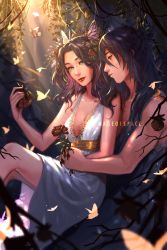 Rule 34 | 1boy, 1girl, artist name, bare arms, black hair, black tunic, blurry, blurry foreground, breasts, bug, butterfly, butterfly hair ornament, cleavage, couple, dress, feet out of frame, flower, food, fruit, hair between eyes, hair ornament, hetero, highres, holding, holding flower, holding food, holding fruit, insect, kimetsu no yaiba, kochou shinobu, long hair, looking at another, mageofspace, medium breasts, multicolored hair, outdoors, parted bangs, pomegranate, purple hair, red flower, red lips, red rose, rose, sidelocks, sitting, tomioka giyuu, toned, toned male, two-tone hair, wavy hair, white dress