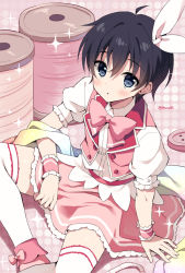Rule 34 | 1boy, :o, ahoge, black hair, blue eyes, blush, boots, bow, buttons, collared shirt, commentary request, crossdressing, dress shirt, feet out of frame, hair between eyes, hair ribbon, looking at viewer, male focus, mauve, parted lips, pink bow, pink footwear, pink skirt, pink vest, polka dot, polka dot background, princess connect!, puffy short sleeves, puffy sleeves, ribbon, shirt, short sleeves, skirt, solo, sparkle, thighhighs, thighhighs under boots, twitter username, vest, white ribbon, white shirt, white thighhighs, wrist cuffs, yuuki (princess connect!)