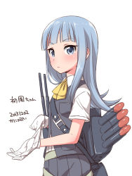 Rule 34 | 10s, 1girl, adjusting clothes, adjusting gloves, blue eyes, blue hair, blunt bangs, character name, dated, gloves, hatsukaze (kancolle), kantai collection, kanya pyi, long hair, matching hair/eyes, pleated skirt, school uniform, signature, skirt, solo, white gloves