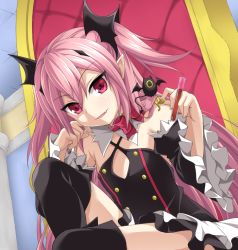 Rule 34 | 1girl, :d, black dress, black footwear, black sleeves, boots, bow, choker, criss-cross halter, detached sleeves, dress, fang, fang out, flat chest, hair between eyes, halterneck, krul tepes, kyuutou (kyuutouryuu), long hair, long sleeves, looking at viewer, open mouth, owari no seraph, pink bow, pink hair, pointy ears, red eyes, short dress, sitting, sleeveless, sleeveless dress, smile, solo, test tube, thigh boots, thighhighs, twintails, vampire, very long hair, white choker, wide sleeves, zettai ryouiki