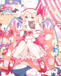 Rule 34 | 1girl, bat wings, blonde hair, book, bow, character doll, clothes between thighs, crescent, dress, flandre scarlet, hat, hat bow, highres, knees together feet apart, legs, long hair, looking at viewer, md5 mismatch, mikoma sanagi, patchouli knowledge, pillow, purple eyes, purple hair, red eyes, remilia scarlet, short hair, short sleeves, side ponytail, sitting, solo, star (symbol), stuffed animal, stuffed cat, stuffed toy, stuffing, teddy bear, thighs, touhou, wings
