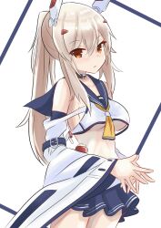 Rule 34 | 1girl, ayanami (azur lane), azur lane, bare shoulders, blue sailor collar, blue skirt, breasts, brown eyes, brown hair, hair between eyes, hair ornament, hairclip, headgear, highres, looking at viewer, medium breasts, parted lips, pleated skirt, ponytail, sailor collar, shirt, sidelocks, skirt, solo, steepled fingers, underboob, white background, white shirt, yojouhan 0000