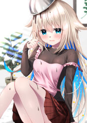Rule 34 | 1girl, apron, black shirt, blonde hair, blue eyes, blue hair, blurry, blurry background, blush, breasts, chocolate, chocolate on face, commentary request, convenient leg, depth of field, feet out of frame, food, food on face, frilled apron, frills, hair between eyes, hand up, indie virtual youtuber, knees together feet apart, long hair, long sleeves, mixing bowl, multicolored hair, on head, parted lips, pink apron, plant, pleated skirt, potted plant, red skirt, shirt, signature, skirt, sleeves past wrists, small breasts, solo, star (symbol), strap slip, two-tone hair, uchuuneko, uchuuneko (vtuber), very long hair, virtual youtuber, wavy mouth