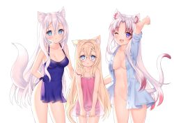 Rule 34 | 3girls, :&lt;, :o, ;d, animal ear fluff, animal ears, arm behind back, arm up, artist name, bad id, bad pixiv id, bare arms, bare shoulders, blonde hair, blue eyes, blue shirt, blush, braid, breasts, cat ears, cat girl, cat tail, cleavage, closed mouth, commentary, dress, english commentary, glasses, groin, hair between eyes, highres, long hair, medium breasts, multicolored hair, multiple girls, naked shirt, nami (nyaa), navel, one eye closed, open clothes, open mouth, open shirt, original, parted bangs, parted lips, pink dress, purple dress, purple eyes, red hair, round eyewear, see-through, see-through silhouette, shirt, short sleeves, side slit, silver hair, simple background, sleeveless, sleeveless dress, sleeves rolled up, smile, standing, strap slip, streaked hair, tail, tail raised, very long hair, white background