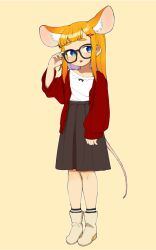Rule 34 | + +, 1girl, :3, :d, adjusting eyewear, animal ear fluff, animal ears, black-framed eyewear, black skirt, blonde hair, blue eyes, boots, buttons, cardigan, collarbone, extra ears, full body, glasses, hair ornament, hairclip, high-waist skirt, highres, indie virtual youtuber, long sleeves, looking away, looking to the side, mouse ears, mouse girl, mouse tail, naname (virtual youtuber), okunin, open cardigan, open clothes, open mouth, red cardigan, shirt, simple background, skirt, sleeves past wrists, smile, socks, solo, standing, striped clothes, striped socks, tail, thick eyebrows, unbuttoned, virtual youtuber, white shirt
