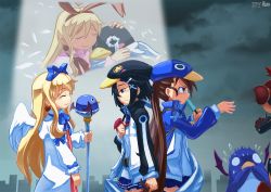 Rule 34 | 4girls, ^ ^, angel wings, asagiri asagi, back-to-back, black eyes, black hair, blonde hair, blue ribbon, blue skirt, blush stickers, brown eyes, brown hair, clenched hand, closed eyes, closed mouth, covering own mouth, crying, crying with eyes open, disgaea, earrings, eating, empty eyes, etna (disgaea), facing another, facing away, feathers, flat cap, flonne, flonne (fallen angel), flying sweatdrops, food, from side, frown, gloom (expression), hair ornament, hair ribbon, hand on own chest, hand over own mouth, hat, heart, heart earrings, heei juun, holding, holding another&#039;s hair, holding food, holding staff, index finger raised, jacket, jewelry, kazamatsuri fuuka, long hair, looking at another, looking down, makai senki disgaea, makai senki disgaea 4, multiple girls, neck ribbon, neckerchief, nippon ichi, o o, open clothes, open jacket, out of frame, overcast, pleated skirt, pointy ears, popsicle, prinny, red ribbon, ribbon, sideways mouth, skirt, sky, smile, spotlight, staff, streaming tears, tears, twintails, very long hair, white feathers, white wings, wings, x hair ornament