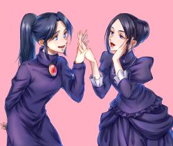 Rule 34 | 1boy, 1girl, black hair, blue eyes, brooch, character request, crossover, dress, eye contact, golden kamuy, hand up, holding hands, ienaga kano, jewelry, lipstick, looking at another, makeup, meitantei conan, mole, mole under mouth, narumi asai, pink background, ponytail, sidelocks, soraao0322, spoilers, trait connection