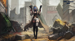 Rule 34 | 1girl, acket, blue eyes, blue hair, dual wielding, gas mask, gods (1073337800), highres, holding, hood, hooded jacket, jacket, long hair, mask, matching hair/eyes, original, pixiv fantasia, pixiv fantasia t, solo, thighhighs