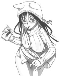 Rule 34 | 1girl, animal ears, bad id, bad pixiv id, bag, black hair, food, glasses, greyscale, hat, kawagoe pochi, long hair, monochrome, mouth hold, original, pocky, pocky day, ribbed sweater, shoulder bag, solo, sweater
