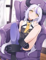 Rule 34 | 1girl, absurdres, ahoge, airenif, ankle cuffs, ascot, bare shoulders, black dress, black footwear, blush, closed mouth, demon girl, demon horns, dress, grey hair, head tilt, highres, hololive, horns, la+ darknesss, la+ darknesss (1st costume), legs, legs up, long hair, multicolored hair, o-ring, on chair, pantyhose, purple hair, purple pantyhose, sidelocks, single leg pantyhose, sitting, sleeveless, sleeveless dress, solo, streaked hair, striped horns, symbol-shaped pupils, very long hair, virtual youtuber, yellow ascot, yellow eyes