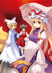 Rule 34 | 3girls, :d, animal ears, animal hat, arm garter, blonde hair, bobby socks, bow, breasts, brown hair, cat ears, chen, choker, cleavage, dress, earrings, elbow gloves, fang, fox tail, frilled dress, frilled sleeves, frills, from side, gloves, hair bow, hat, hat ribbon, holding, holding hands, holding umbrella, jewelry, juliet sleeves, katagiri chisato, large breasts, long hair, long sleeves, looking at another, looking at viewer, looking to the side, medium breasts, mob cap, multiple girls, multiple tails, open mouth, parasol, parted lips, mob cap, puffy sleeves, red bow, red dress, red ribbon, ribbon, ribbon choker, sidelocks, single earring, smile, socks, standing, tabard, tail, tassel, torii, touhou, umbrella, white dress, white gloves, white legwear, wide sleeves, yakumo ran, yakumo yukari, yellow eyes