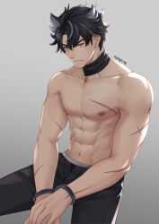 Rule 34 | 1boy, abs, absurdres, bandaged neck, bandages, black hair, black pants, genshin impact, grey hair, hair between eyes, highres, kirene88, male focus, multicolored hair, muscular, muscular male, navel, nipples, pants, scar, scar on arm, scar on neck, short hair, solo, stomach, topless male, wriothesley (genshin impact)
