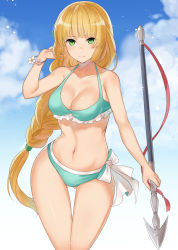 Rule 34 | 1girl, bikini, blonde hair, blue sky, blunt bangs, bracelet, braid, breasts, cleavage, closed mouth, cloud, cowboy shot, day, eyes visible through hair, fire emblem, fire emblem: three houses, frilled bikini, frills, green eyes, haru (nakajou-28), highres, holding, holding polearm, holding spear, holding weapon, ingrid brandl galatea, jewelry, long hair, medium breasts, navel, nintendo, outdoors, polearm, sky, solo, spear, standing, stomach, swimsuit, weapon
