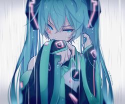 Rule 34 | 1girl, aqua eyes, aqua hair, bare shoulders, blurry, commentary, depth of field, detached sleeves, dripping, facial tattoo, hair behind ear, hair ornament, half-closed eyes, hand to own mouth, hatsune miku, head tilt, highres, looking to the side, necktie, rain, shirt, sleeveless, sleeveless shirt, solo, tattoo, tsurime, twintails, vocaloid, wanaxtuco, wet