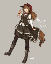 Rule 34 | 1girl, animal ears, artist name, beige background, belt, blouse, boots, brown hair, commentary request, cross-laced footwear, highres, kerchief, knee boots, lace-up boots, lansane, long hair, long sleeves, o-ring, o-ring belt, one eye closed, open mouth, orange eyes, original, pantyhose, sharp teeth, shirt, sidelocks, simple background, skirt, smile, solo, standing, tachi-e, tail, teeth, tsana (lansane), vest, white shirt, wolf ears, wolf tail, wristband