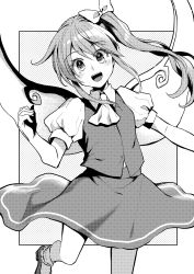 Rule 34 | 1girl, ascot, bobby socks, bow, buttons, collared shirt, daiyousei, fairy, fairy wings, greyscale, happy, highres, kaede (mmkeyy), leg up, looking at viewer, monochrome, open mouth, puffy short sleeves, puffy sleeves, shirt, shoes, short hair, short sleeves, side ponytail, skirt, socks, standing, touhou, vest, wings