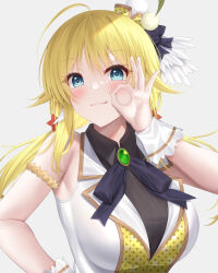 Rule 34 | 1girl, :q, ahoge, bare shoulders, black bow, black shirt, blonde hair, blue eyes, blush, bow, breasts, brooch, closed mouth, collared shirt, commentary request, dress shirt, grey background, hachimiya meguru, hair between eyes, hand on own hip, hand up, highres, idolmaster, idolmaster shiny colors, jewelry, long hair, low twintails, medium breasts, ok sign, shirt, simple background, sleeveless, sleeveless shirt, smile, solo, tongue, tongue out, twintails, upper body, very long hair, vest, white vest, wrist cuffs, yunagi amane