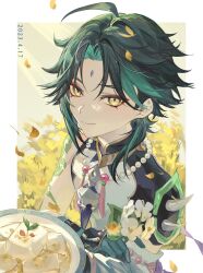 Rule 34 | 1boy, ahoge, almond tofu (genshin impact), arm tattoo, bead necklace, beads, black hair, dated, eyeshadow, facial mark, flower, food, forehead mark, genshin impact, gloves, green hair, highres, holding, holding flower, jewelry, leaf, looking at viewer, makeup, male focus, multicolored hair, necklace, red eyeshadow, simple background, solo, spikes, tassel, tattoo, upper body, white flower, xiao (genshin impact), yellow eyes, zaso