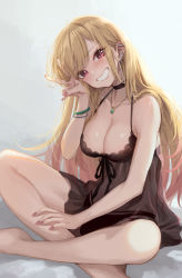 Rule 34 | 1girl, bare arms, bare shoulders, bead bracelet, beads, black choker, blonde hair, blush, bracelet, breasts, choker, cleavage, ear piercing, grey background, grin, jewelry, kitagawa marin, large breasts, looking at viewer, m2 (guvn5745), necklace, parted lips, piercing, purple eyes, simple background, sitting, smile, solo, sono bisque doll wa koi wo suru, teeth, thighs, v