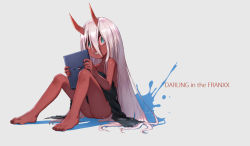 Rule 34 | 10s, 1girl, :d, aged down, bare legs, bare shoulders, barefoot, black dress, blue eyes, colored skin, darling in the franxx, dress, full body, grin, hair between eyes, hairband, holding, horns, knees up, long hair, looking at viewer, nail polish, observerz, oni, open mouth, pink hair, red nails, red skin, sanpaku, shaded face, sharp teeth, signature, smile, solo, spoilers, straight hair, strapless, strapless dress, tablet pc, teeth, toenail polish, toenails, torn clothes, torn dress, two-handed, two-tone background, very long hair, zero two (darling in the franxx)