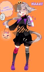 Rule 34 | 10s, 1boy, androgynous, asymmetrical legwear, boots, candy, eyes visible through hair, fang, food, full body, gloves, hair over one eye, halloween, hard-translated, ima-no-tsurugi, jack-o&#039;-lantern, kanro ame (ameko), kneehighs, lollipop, long hair, male focus, mismatched legwear, open mouth, personification, red eyes, silver hair, smile, socks, solo, striped clothes, striped socks, third-party edit, touken ranbu, translated, white gloves