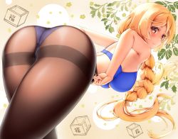 Rule 34 | 1girl, alternate hair color, ass, black pantyhose, blush, braid, breasts, brown eyes, closed mouth, commentary request, etsunami kumita, hair between eyes, highres, kantai collection, large breasts, light brown hair, long hair, looking at viewer, minegumo (kancolle), panties, panties under pantyhose, pantyhose, smile, solo, standing, thighband pantyhose, twin braids, underwear, underwear only, undressing