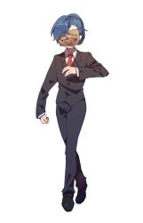 Rule 34 | 1girl, absurdres, black footwear, black jacket, black pants, blue hair, chinese commentary, collared shirt, commentary request, employee (project moon), flat chest, formal, full body, highres, jacket, lobotomy corporation, long sleeves, mask, necktie, pants, ponytail, project moon, red necktie, shirt, simple background, solo, suit, tesna, transparent background, white shirt