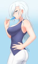 Rule 34 | 1girl, artist name, bare arms, blue eyes, cslucaris, female focus, food, from side, highres, ice cream, long hair, looking at viewer, one eye covered, rwby, sexually suggestive, simple background, sleeveless, solo, tagme, white hair, winter schnee
