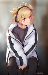 Rule 34 | 1girl, ahoge, andira (granblue fantasy), artist name, black legwear, blonde hair, blush, granblue fantasy, jacket, long sleeves, looking to the side, nier (series), parted lips, red eyes, short hair, shorts, sitting, sleeves past wrists, solo, tai (e3d1p)