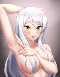 Rule 34 | 1girl, arm up, armpit focus, armpits, blush, breasts, eve santaclaus, greenteamousou, hair over breasts, highres, idolmaster, idolmaster cinderella girls, long hair, nude, presenting armpit, silver hair, solo, spread armpit, tongue, tongue out, yellow eyes