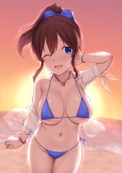 Rule 34 | 1girl, areola slip, arm up, beach, bikini, blue bikini, blue eyes, bracelet, breasts, brown hair, butterfly necklace, cai geng, collarbone, covered erect nipples, evening, gradient sky, highres, idolmaster, idolmaster million live!, jewelry, large breasts, looking at viewer, micro bikini, navel, ocean, one eye closed, open mouth, orange sky, outdoors, ponytail, satake minako, shirt, sky, smile, solo, standing, sunset, swimsuit, white shirt