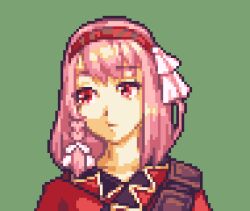 Rule 34 | 1girl, alternate costume, commentary, fire emblem, fire emblem engage, glaceo, green background, hair ribbon, hairband, lapis (fire emblem), lowres, nintendo, pink eyes, pink hair, pixel art, portrait, red hairband, red robe, ribbon, robe, short hair, simple background, solo, white ribbon
