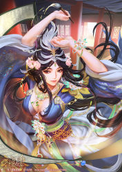 Rule 34 | 1girl, chinese clothes, closed mouth, expressionless, flower, from above, hair bun, hair ornament, holding, holding brush, jewelry, legend of the three kingdoms, long hair, necklace, pillar, romance of the three kingdoms, sash, scroll, solo, xiaji, xin xianying