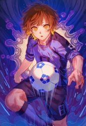 Rule 34 | 1boy, bachira meguru, ball, black hair, blonde hair, blue background, blue lock, blue shirt, blue shorts, blue socks, collared shirt, colored inner hair, commentary, highres, kshima mo369, leg up, looking at viewer, male focus, multicolored hair, open mouth, shirt, shorts, sleeves rolled up, soccer ball, soccer uniform, socks, solo, sportswear, sweat, yellow eyes